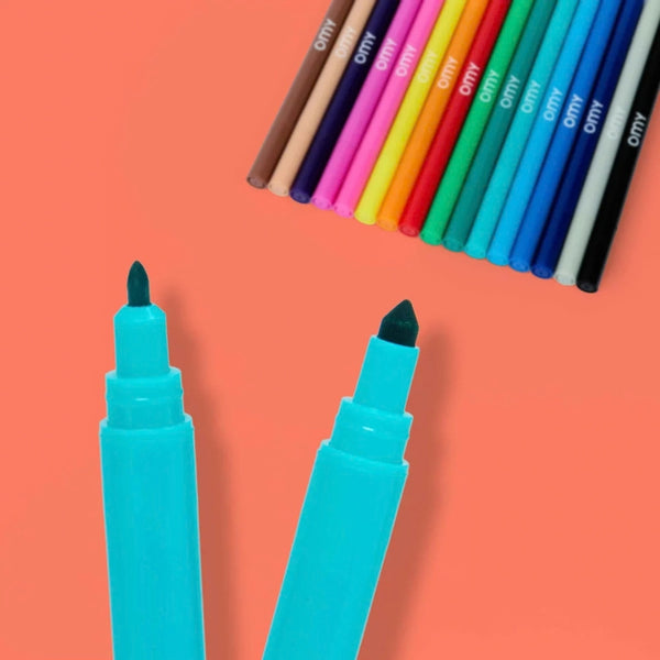Caixa de 16 Marcadores Laváveis OMY Super Clean com cores intensas e ponta dupla fina e larga para desenhar e colorir.