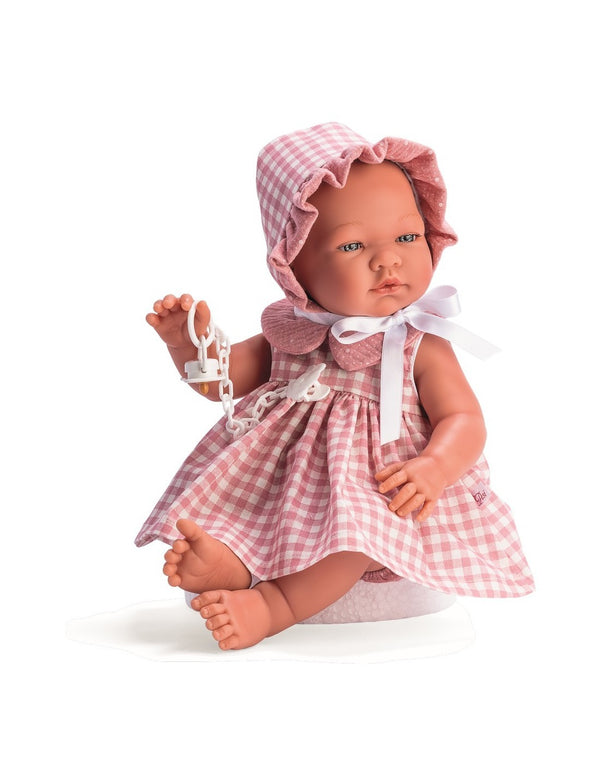 MARIA 43CM - VESTIDO COM FLORES E TOUCA ROSA