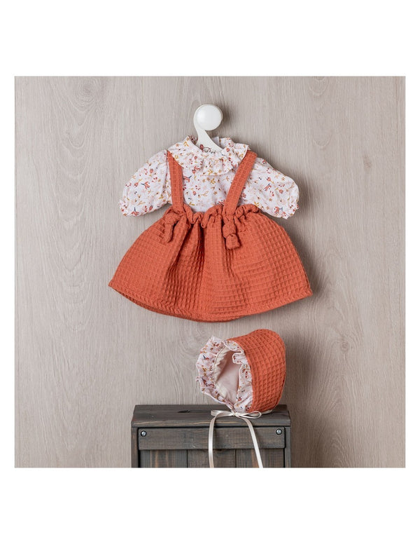 ROUPA PARA LEO 46CM - VESTIDO AZUL COM FLORES E CASASO BEGE