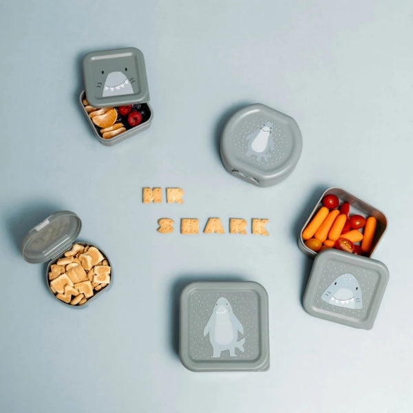 Conjunto de 2 marmitas com clip para crianças, leves e fáceis de abrir, ideais para transportar snacks para a escola, passeios e viagens. Mr Shark