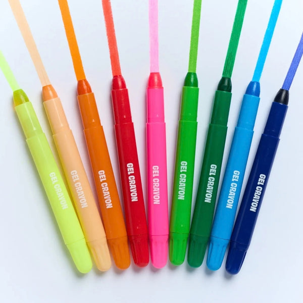 9 Lápis de Gel OMY Gelly Flow com textura ultra suave e cores vivas, brilhantes e opacas para desenhar e colorir.