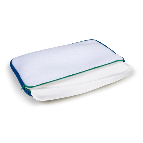 Almofada Média Infantil AeroSleep 35 × 50 cm, com tecnologia respirável 3D, núcleo de espuma fria, altura ajustável e capa amovível lavável.