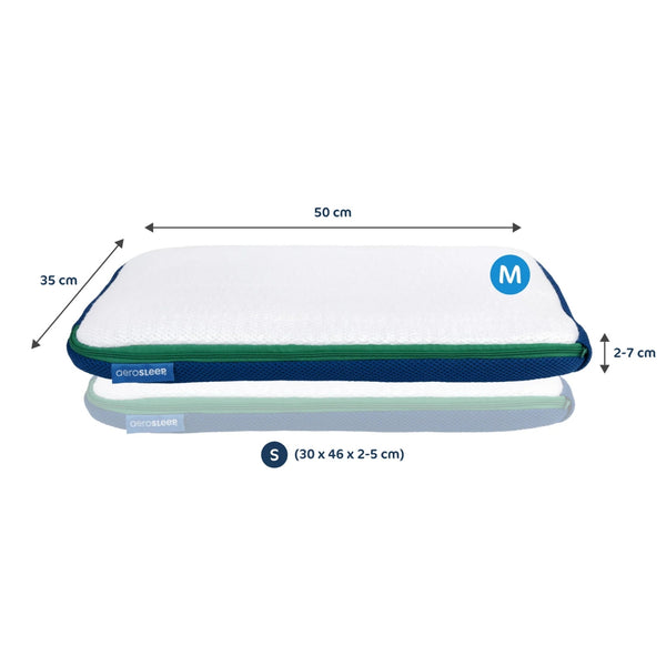Almofada Média Infantil AeroSleep 35 × 50 cm, com tecnologia respirável 3D, núcleo de espuma fria, altura ajustável e capa amovível lavável.