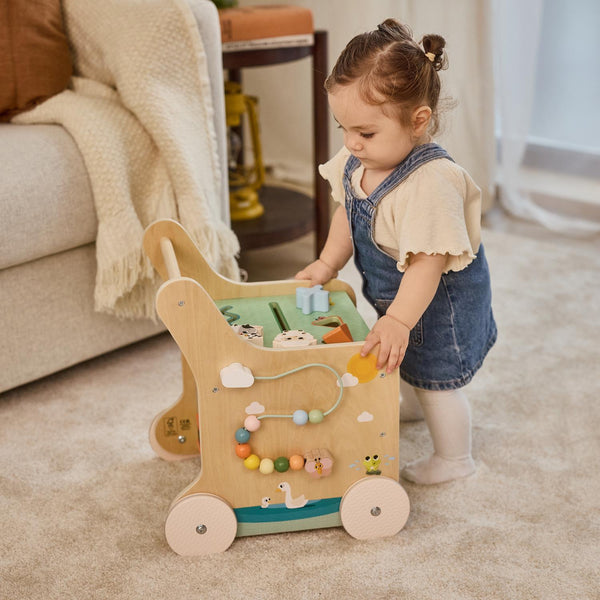 Andarilho de madeira para empurrar com jogos para bebe Tiny Love