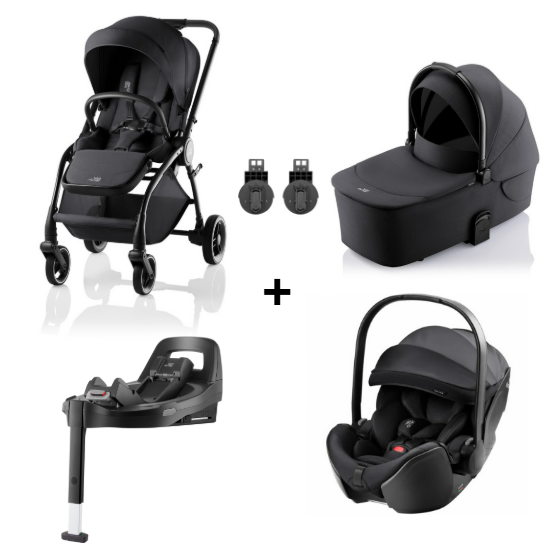 BRITAX RÖMER RIO STYLE TRIO + BASE com carrinho Rio Style, alcofa Rio, cadeira auto Baby-Safe Pro com tecnologia Ergo Recline e base ISOFIX Vario 5Z com rotação de 180°. Sistema de viagem completo desde o nascimento até aos 22 kg. Carbon Black