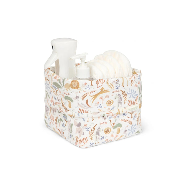 Cesto Necessaire Pequeno em 100% algodão orgânico, suave e multicolor, ideal para organizar produtos de higiene e pequenos acessórios do bebé.
