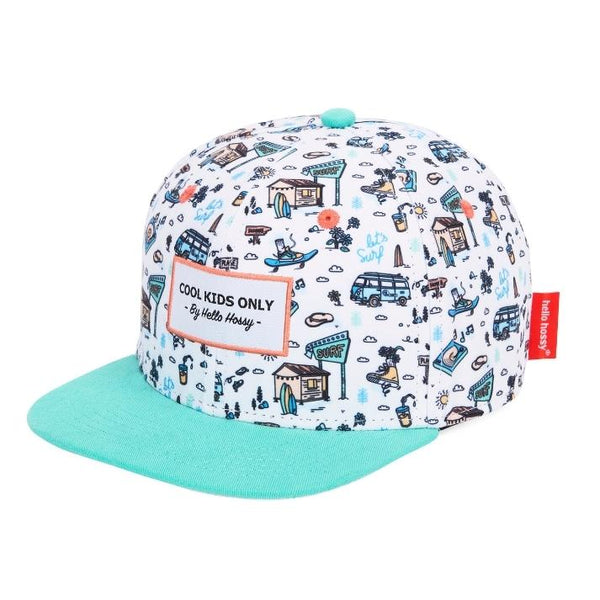 Chapeu Bone Hello Hossy padrão hossegor azul claro e branco