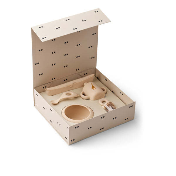 Conjunto de refeição para bebé em silicone com babete, tigela, copo, colher e mordedor, resistente e adequado para as primeiras refeições.
Apple Blossom