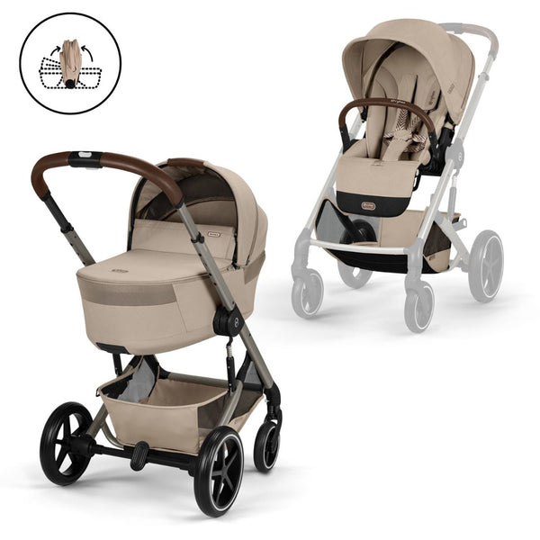 CYBEX Balios S Lux Duo com Alcofa Dobrável, carrinho de bebé com Travel System, fecho compacto, suspensão avançada, assento reversível e alcofa dobrável desde o nascimento até aos 4 anos. Almond Beige