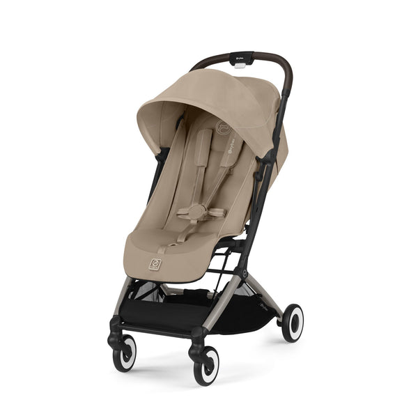CARRINHO COMPACTO CYBEX ORFEO, carrinho ultraleve de 6,3 kg, compatível com bagagem de mão, reclinação totalmente horizontal, arnês One-Pull, capota XL UPF 50+, Travel System e compatibilidade com cadeiras auto CYBEX, Maxi-Cosi e BeSafe desde o nascimento até aos 22 kg. Almond Beige