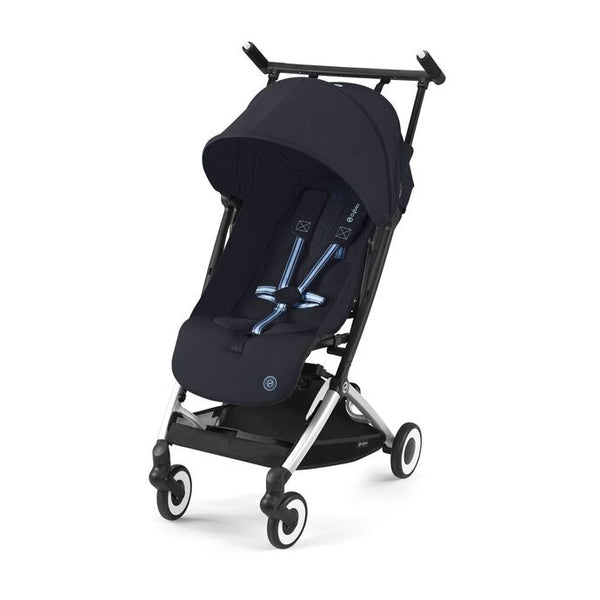 CYBEX LIBELLE SILVER, carrinho de bebé ultracompacto de 6 kg, compatível com bagagem de mão, preparado para Travel System, com arnês ajustável de um puxão e utilização desde o nascimento até aos 22 kg. Dark Blue