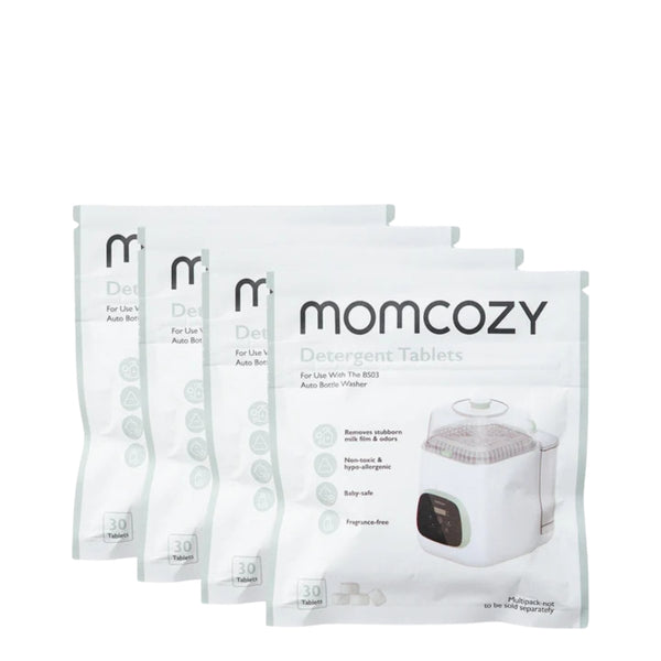 Detergente para Máquina de Lavar Biberões Momcozy com 120 pastilhas efervescentes para KleanPal Pro, ideal para limpar biberões, tetinas e acessórios de alimentação.