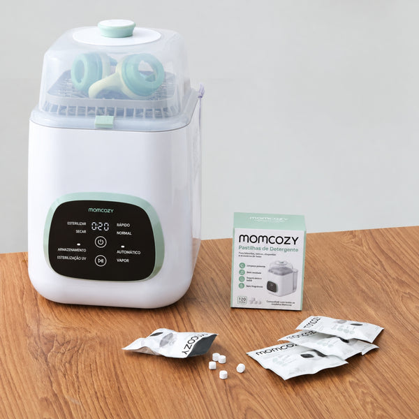 Detergente para Máquina de Lavar Biberões Momcozy com 120 pastilhas efervescentes para KleanPal Pro, ideal para limpar biberões, tetinas e acessórios de alimentação.