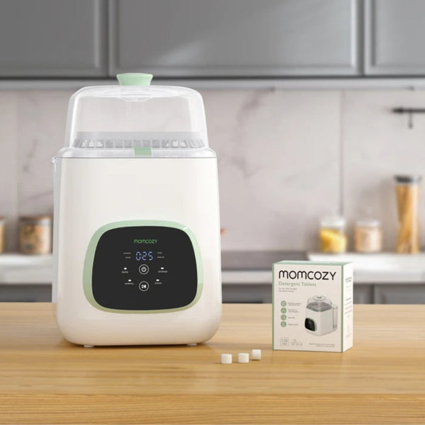Detergente para Máquina de Lavar Biberões Momcozy com 120 pastilhas efervescentes para KleanPal Pro, ideal para limpar biberões, tetinas e acessórios de alimentação.