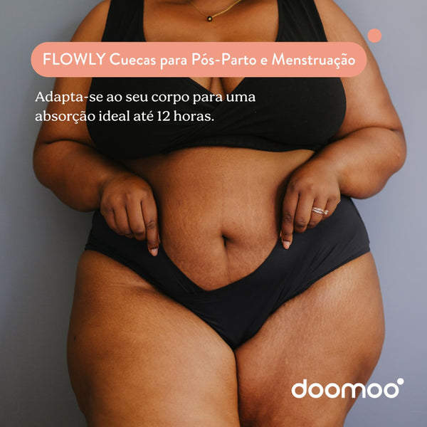 Cueca Pós-parto e Menstrual Doomoo Flowly com elevada absorção, proteção até 12 horas, tecido sem costuras e ajuste confortável durante a gravidez, pós-parto e menstruação.