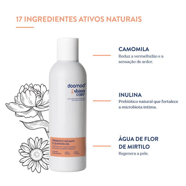 Gel de Limpeza Íntimo Prebiótico Doomoo x Shinncare, fórmula sem sabão com prebióticos, camomila e pantenol para uma higiene íntima suave durante a gravidez, pós-parto e uso diário.