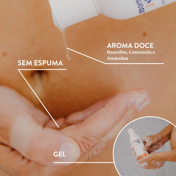 Gel de Limpeza Íntimo Prebiótico Doomoo x Shinncare, fórmula sem sabão com prebióticos, camomila e pantenol para uma higiene íntima suave durante a gravidez, pós-parto e uso diário.