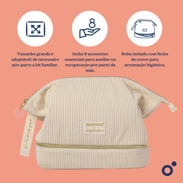 Kit de Maternidade Doomoo Vanity com 8 essenciais para o pós-parto, incluindo cuecas pós-parto, almofada calmante, bidé portátil, gel íntimo e musselina em algodão biológico.