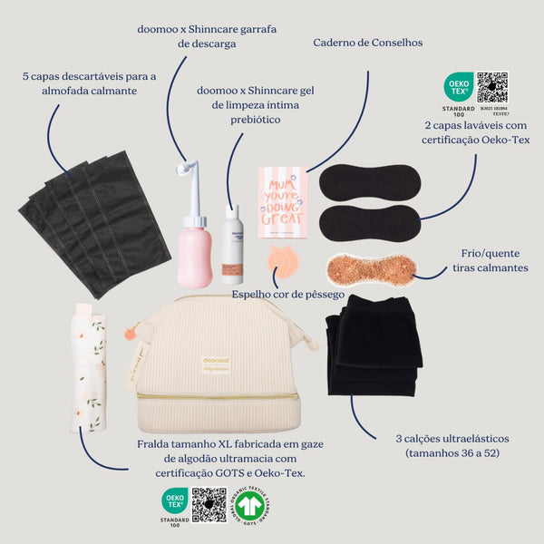 Kit de Maternidade Doomoo Vanity com 8 essenciais para o pós-parto, incluindo cuecas pós-parto, almofada calmante, bidé portátil, gel íntimo e musselina em algodão biológico.