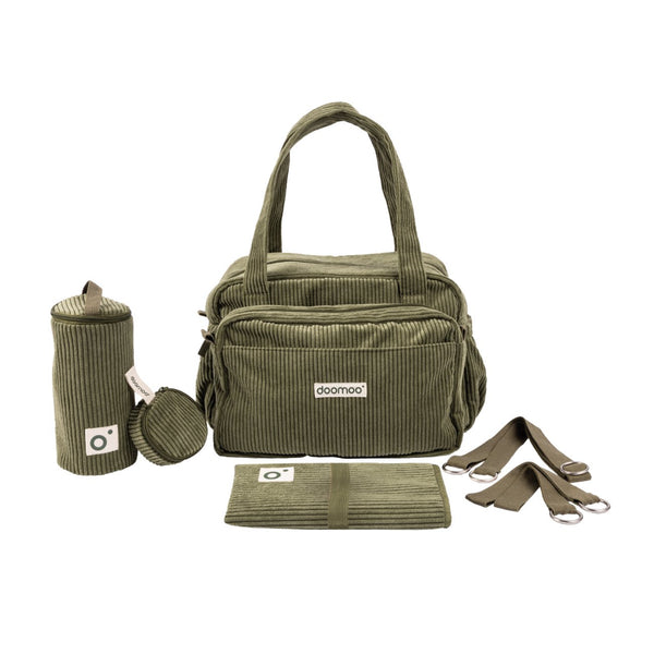 Mala de Maternidade Doomoo Fluffy em bombazine com 24 litros de capacidade, bolsa removível, muda-fraldas, bolsa térmica e acessórios para organizar todas as saídas com o bebé. Green