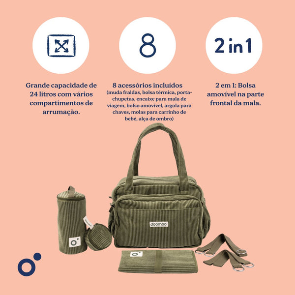 Mala de Maternidade Doomoo Fluffy em bombazine com 24 litros de capacidade, bolsa removível, muda-fraldas, bolsa térmica e acessórios para organizar todas as saídas com o bebé. Green