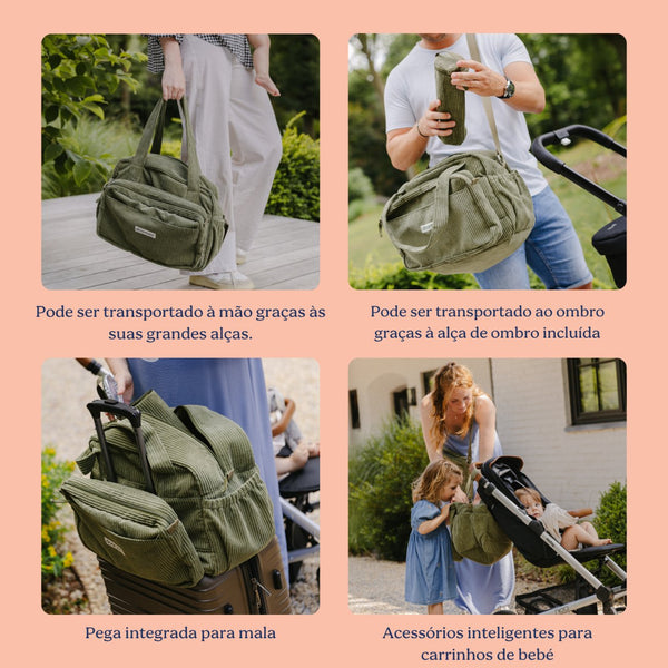 Mala de Maternidade Doomoo Fluffy em bombazine com 24 litros de capacidade, bolsa removível, muda-fraldas, bolsa térmica e acessórios para organizar todas as saídas com o bebé. Green