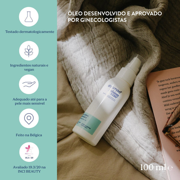 Óleo Corporal Antiestrias Doomoo x Shinncare com 23 ingredientes naturais, textura seca e rápida absorção para hidratar, melhorar a elasticidade da pele e ajudar a prevenir estrias durante a gravidez e pós-parto.