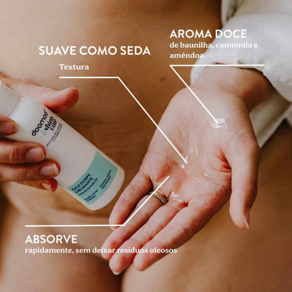 Óleo Corporal Antiestrias Doomoo x Shinncare com 23 ingredientes naturais, textura seca e rápida absorção para hidratar, melhorar a elasticidade da pele e ajudar a prevenir estrias durante a gravidez e pós-parto.