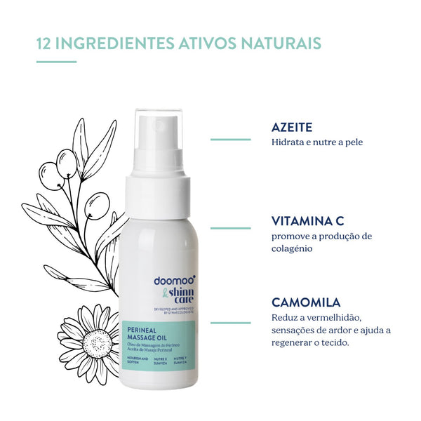 Óleo de Massagem do Períneo Doomoo x Shinncare com 12 ingredientes naturais, desenvolvido para preparar o períneo para o parto e favorecer a recuperação pós-parto.