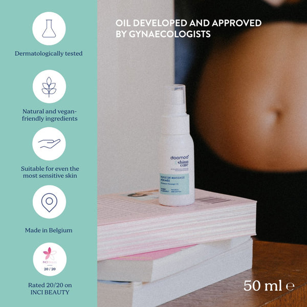 Óleo de Massagem do Períneo Doomoo x Shinncare com 12 ingredientes naturais, desenvolvido para preparar o períneo para o parto e favorecer a recuperação pós-parto.