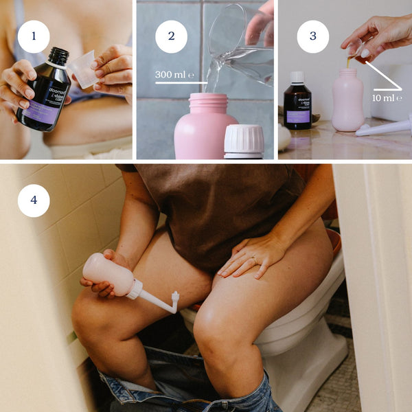 Solução de Limpeza e Calmante Doomoo x Shinncare com 22 ingredientes naturais para higiene íntima pós-parto, ajudando a acalmar, hidratar e favorecer a regeneração da pele sensível.