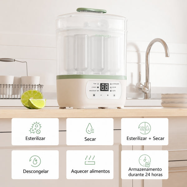 Esterilizador Elétrico com Secagem Momcozy multifunções para biberões, com esterilização a vapor, secagem com ar quente e conservação higiénica até 24 horas.