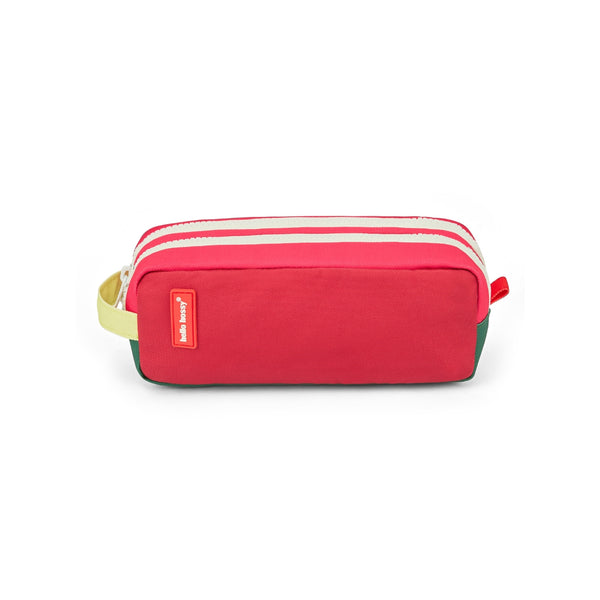 Estojo Duplo Hello Hossy em poliéster reciclado, com dois compartimentos independentes, tecido impermeável, fechos resistentes e capacidade de 1,4 litros para material escolar. Mini pasteque