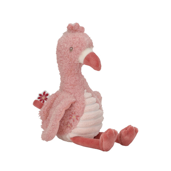 Peluche Flamingo Safari Friends de 17 cm em tecido macio de poliéster, com diferentes texturas e detalhes florais para brincar e explorar.
