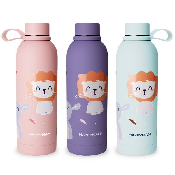 Garrafas térmicas 500 ml em aço inoxidável com parede dupla térmica e pega ergonómica, ideal para transportar água, leite ou outras bebidas mantendo a temperatura por mais tempo.
