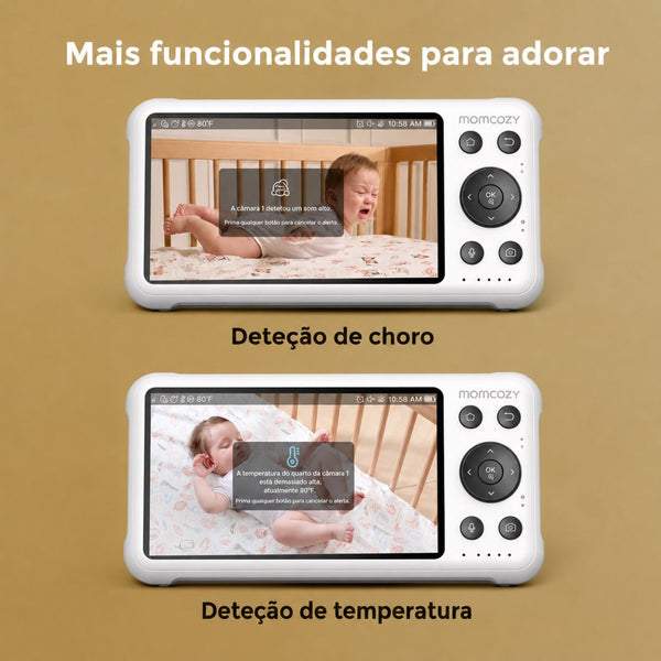 Intercomunicador Momcozy com ligação FHSS e Wi-Fi, monitorização remota, alertas inteligentes de movimento e choro, gravação automática e acesso através da aplicação.