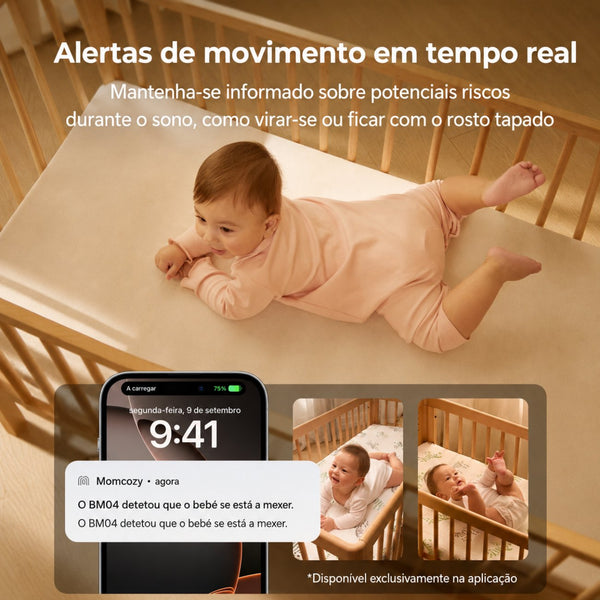 Intercomunicador Momcozy com ligação FHSS e Wi-Fi, monitorização remota, alertas inteligentes de movimento e choro, gravação automática e acesso através da aplicação.