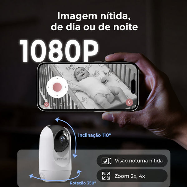 Intercomunicador Momcozy com ligação FHSS e Wi-Fi, monitorização remota, alertas inteligentes de movimento e choro, gravação automática e acesso através da aplicação.