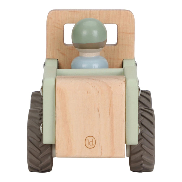 Jipe Safari com Condutor Safari Friends em madeira, com rodas funcionais e figura de explorador, brinquedo infantil para estimular a imaginação e a coordenação motora.