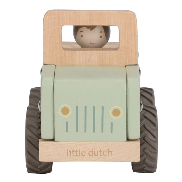 Jipe Safari com Condutor Safari Friends em madeira, com rodas funcionais e figura de explorador, brinquedo infantil para estimular a imaginação e a coordenação motora.