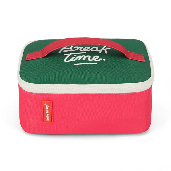 Lancheira Grande Hello Hossy com interior isotérmico, tecido impermeável, bolso interior e exterior, pega de transporte e capacidade de 3 litros em poliéster reciclado. Mini Pasteque