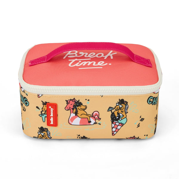 Lancheira Grande Hello Hossy com interior isotérmico, tecido impermeável, bolso interior e exterior, pega de transporte e capacidade de 3 litros em poliéster reciclado. Unicorn