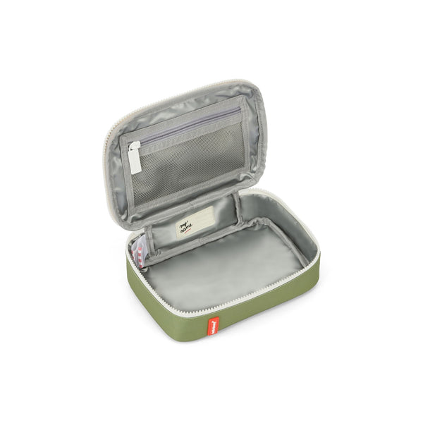 Lancheira Pequena Hello Hossy com interior isotérmico, tecido impermeável, pega de transporte, capacidade de 1,7 litros e fabrico em poliéster reciclado, ideal para creche e escola. Safari