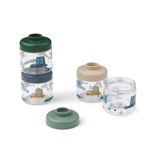 Conjunto de 4 Marmitas Empilháveis DOMINIQUE 100 ml em Tritan, ideais para preparar, congelar e transportar purés, papas e snacks do bebé. Cars