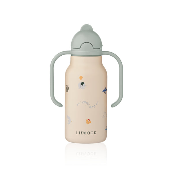 Garrafa térmica infantil Falk de 250 ml em aço inoxidável, com pegas laterais e tampa com palhinha, para bebidas frias ou quentes.