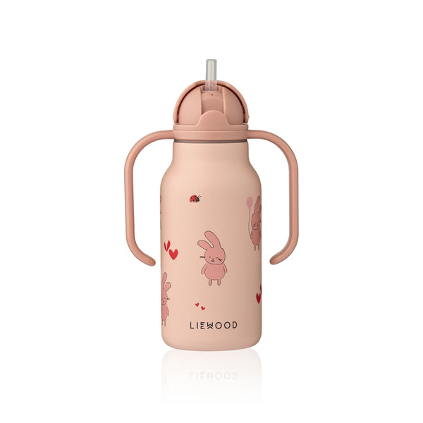 Garrafa térmica infantil Falk de 250 ml em aço inoxidável, com pegas laterais e tampa com palhinha, para bebidas frias ou quentes.