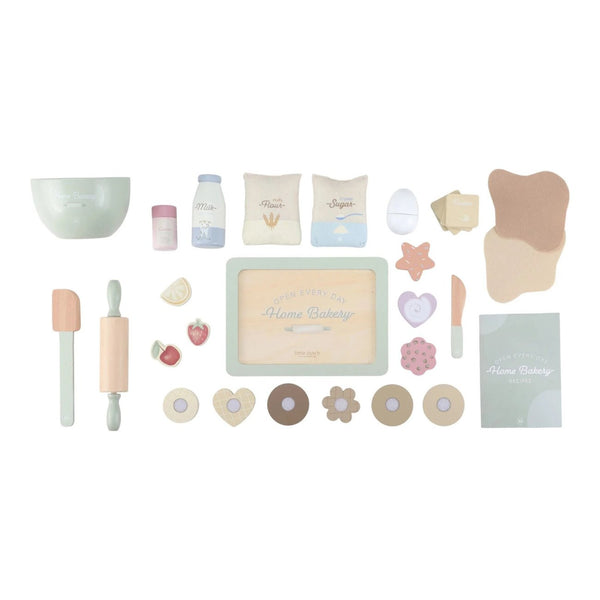 Conjunto de Pasteleiro em madeira com ingredientes, utensílios e bolachas para decorar, ideal para estimular a criatividade e o jogo simbólico das crianças.