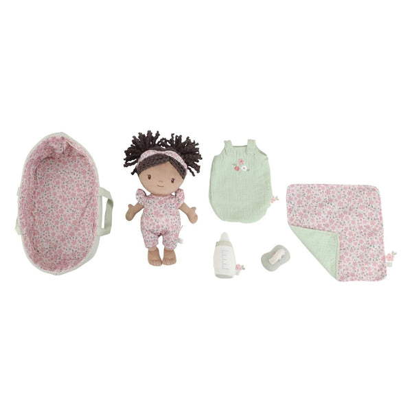 Boneca Bebé Evi com alcofa floral Little Dutch, incluindo manta, saco de dormir, body, fralda, chupeta e biberão magnéticos para brincadeiras de faz de conta.