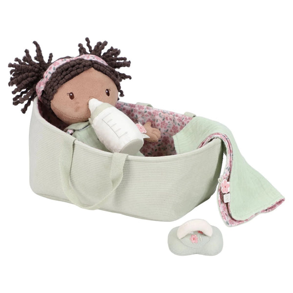 Boneca Bebé Evi com alcofa floral Little Dutch, incluindo manta, saco de dormir, body, fralda, chupeta e biberão magnéticos para brincadeiras de faz de conta.