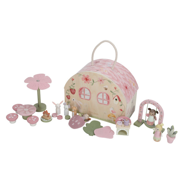 Casa das Fadas Little Dutch em madeira com flores decorativas, figuras de fadas e guarda-sol, brinquedo infantil para brincadeiras criativas e imaginativas.